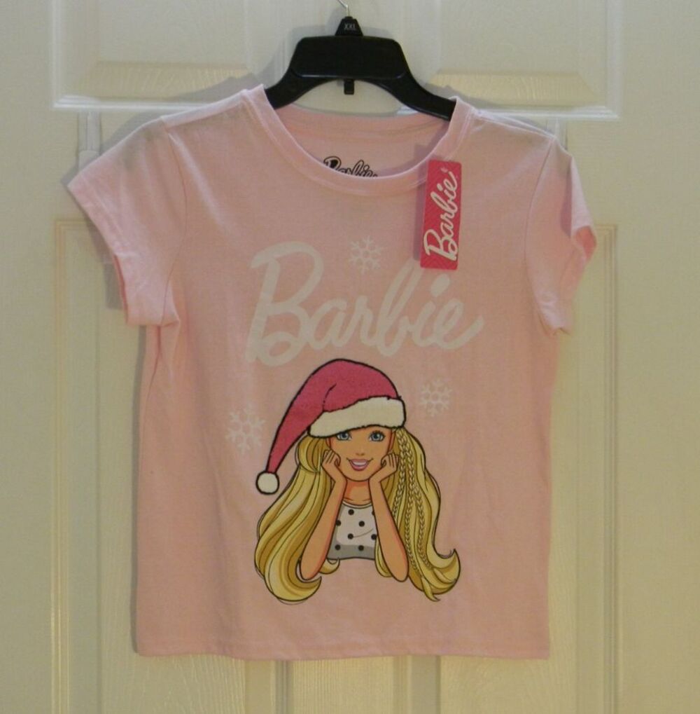 Barbie Christmas Tee Girls 10/12 Pink Short Sleeve NWT